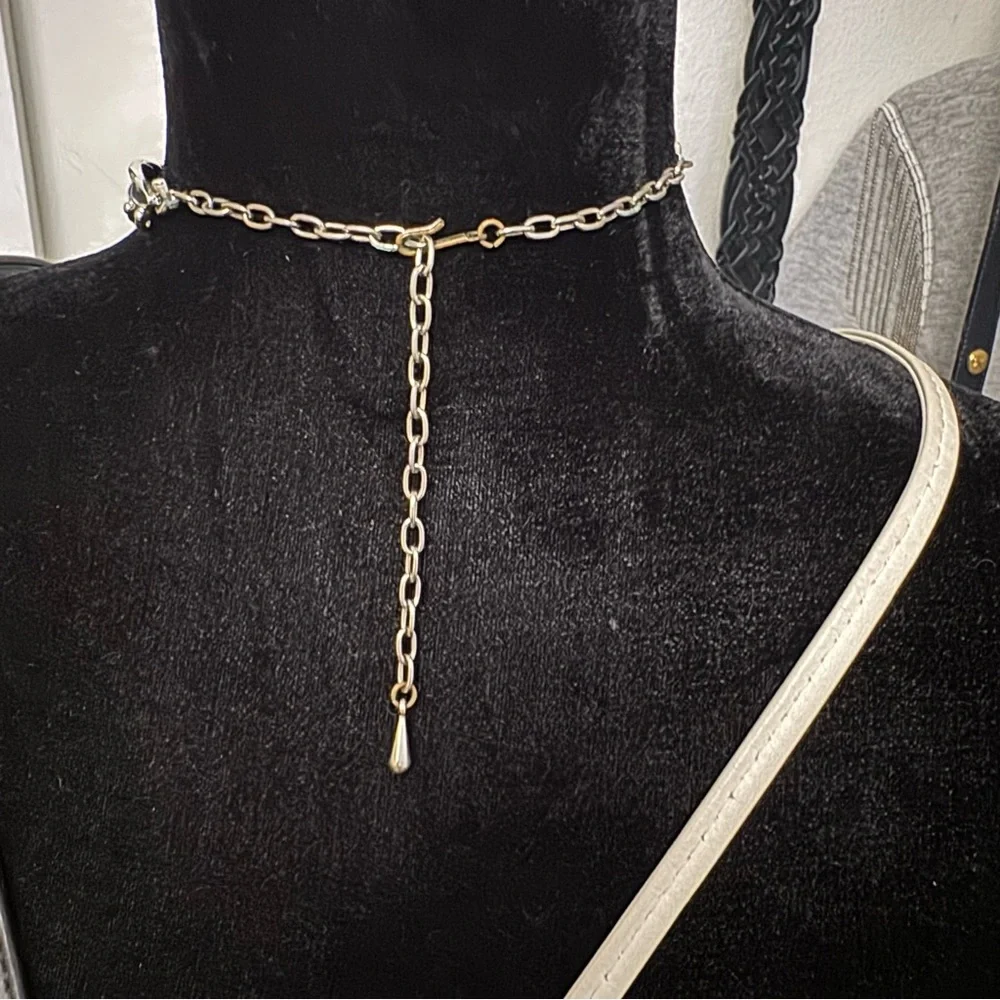 Vintage Silver Tone Black Enamel Leaf Choker Necklace Adjustable